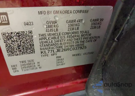 2024 Chevrolet Trax Fwd 2Rs z USA, uszkodzony, nr VIN KL77LJE26RC037925